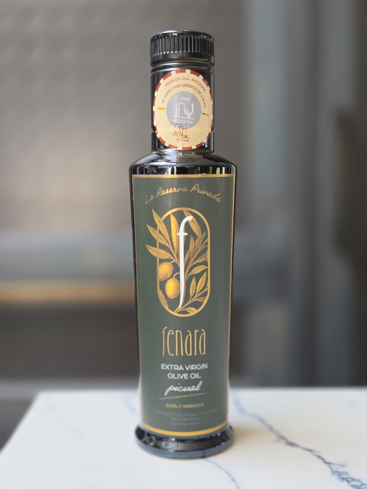A bottle of Fenara La Reserva Privada, early-harvest Picual extra virgin olive oil